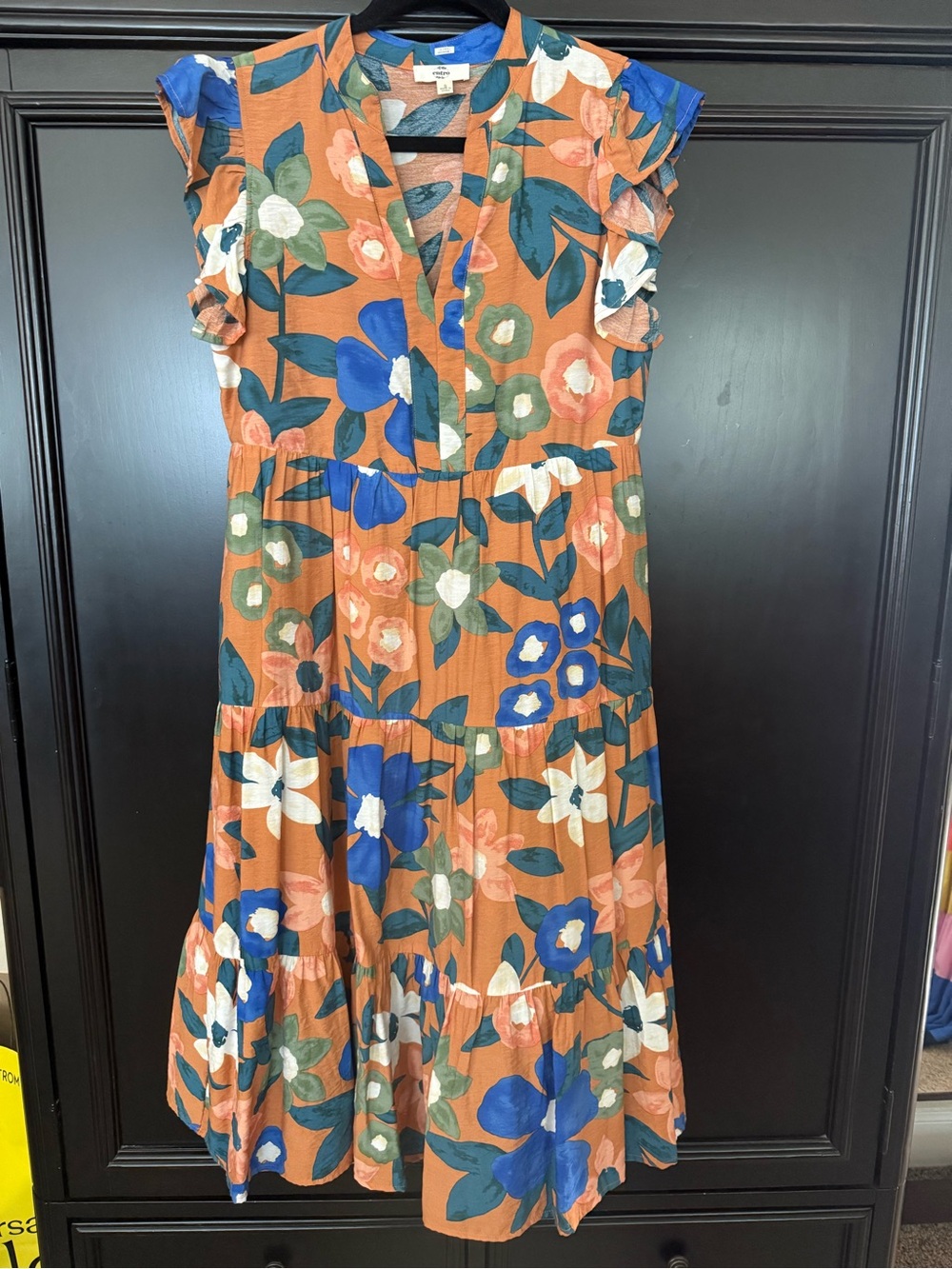 entro Rust Floral Tiered Midi Dress with Blue and Green Accents